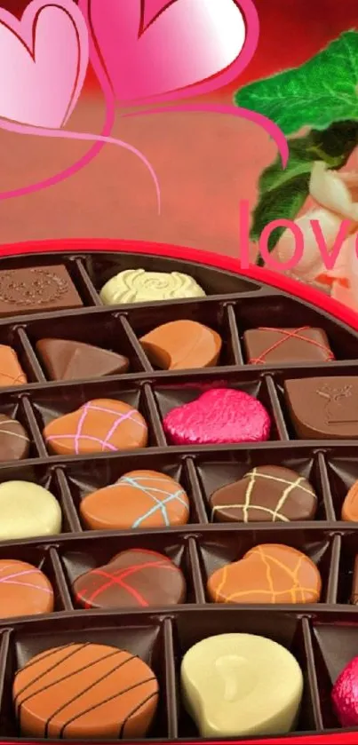 Heart-shaped chocolate box wallpaper with love theme.