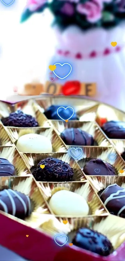 A golden box filled with delicious chocolates and a vase of roses.