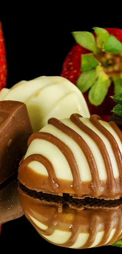 Elegant mobile wallpaper with chocolates and strawberries on black.