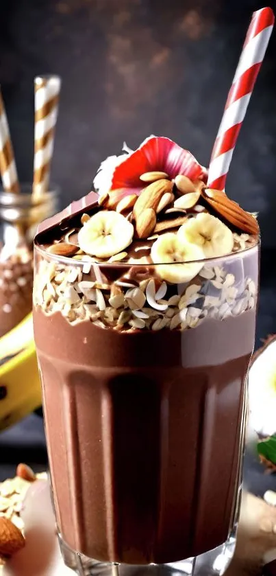 Chocolate smoothie with banana, almonds, and straw.