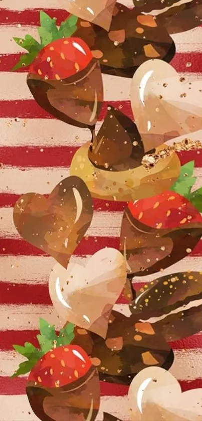 Chocolate covered strawberries and hearts on a striped background.