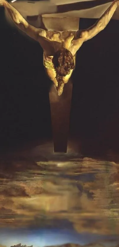 A surreal depiction of Christ on the cross in a dark and ethereal setting.