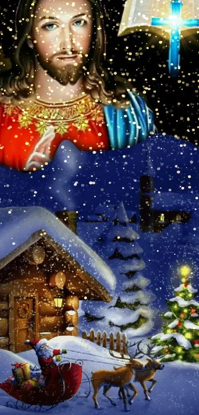 Christmas wallpaper with Jesus, snowy cabin, and Santa.