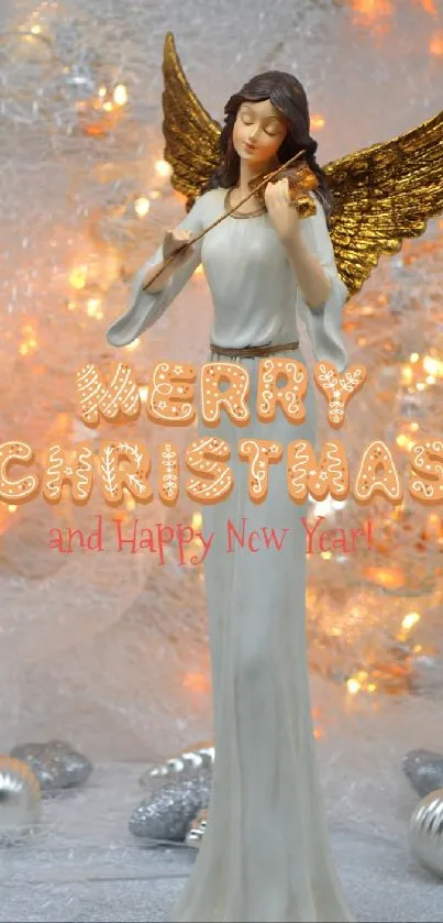 Elegant Christmas angel with golden wings and New Year message.