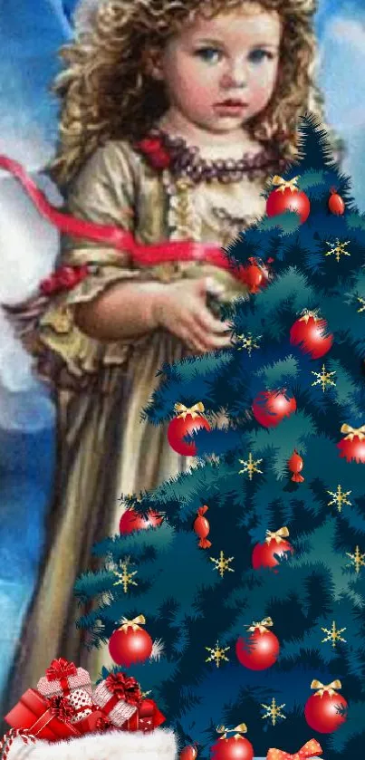 Festive wallpaper featuring an angel beside a decorated Christmas tree.