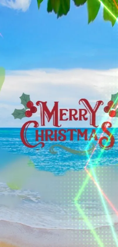 Beach scene with 'Merry Christmas' text and festive lights.