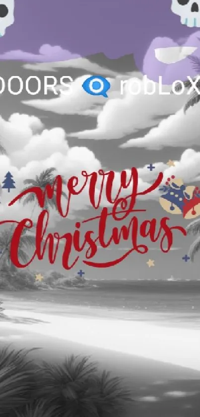 Merry Christmas wallpaper with beach scene, palm trees, and festive ornaments.