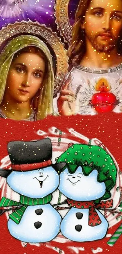 Festive Christmas wallpaper with religious imagery and snowmen.