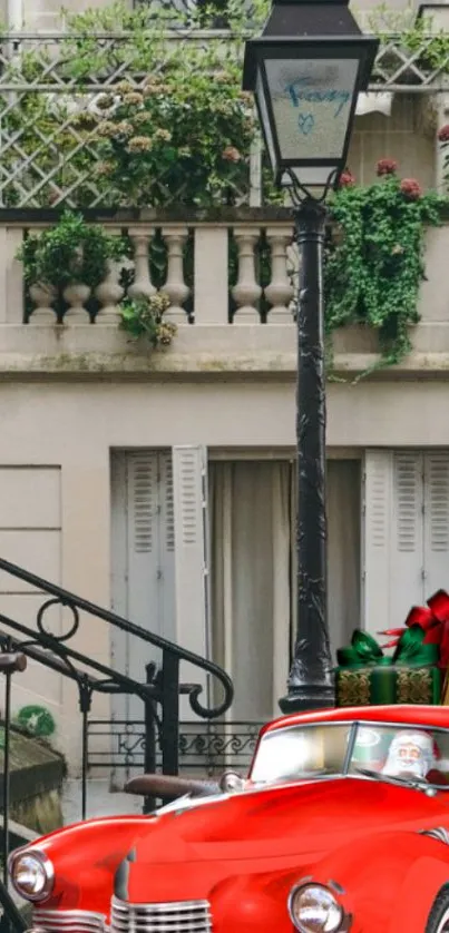 Red car with Christmas gifts in charming urban setting.