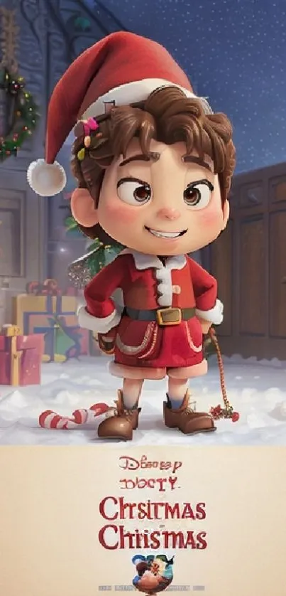 Cheerful cartoon character in Santa suit with Christmas gifts.