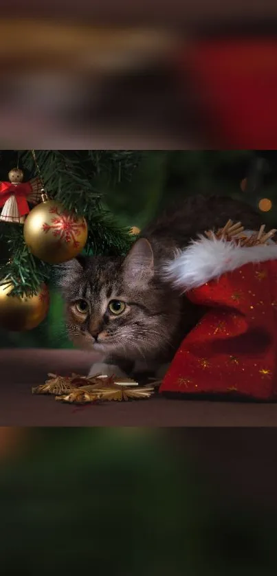 Cute tabby cat under a Christmas tree with red stocking and golden baubles.