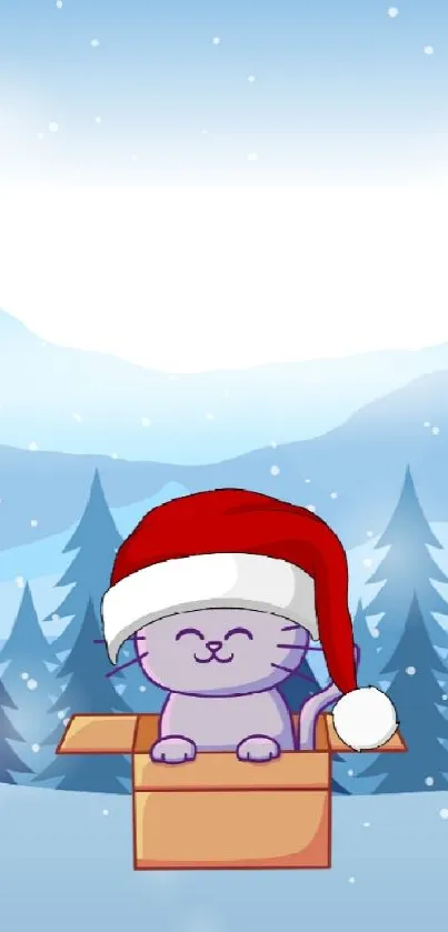 Cute Christmas cat in Santa hat with a snowy forest background.