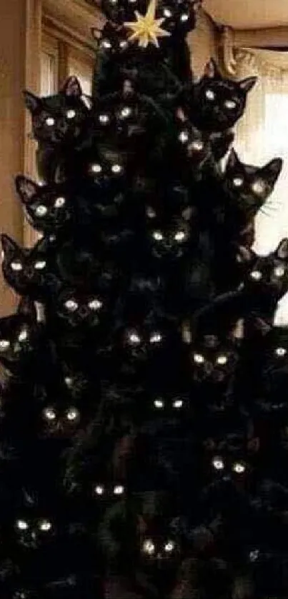 Whimsical Christmas tree made of black cats with glowing eyes.