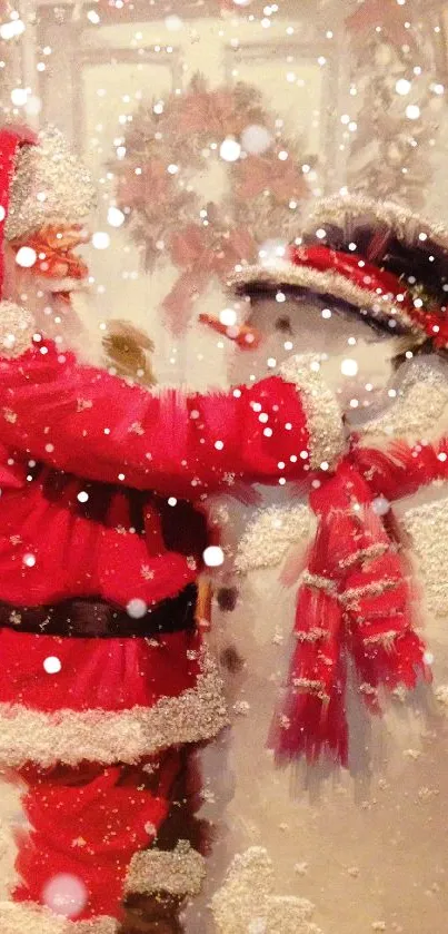 Santa Claus adjusts snowman’s hat in festive holiday scene.