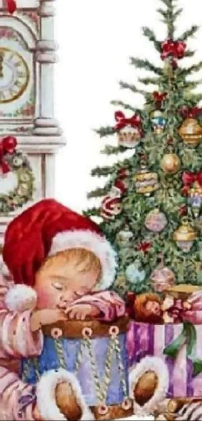 Christmas scene with child sleeping by a tree and a vintage clock.