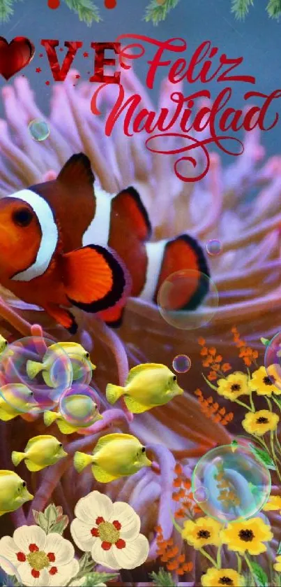 Clownfish amid festive Christmas design with flowers and coral.