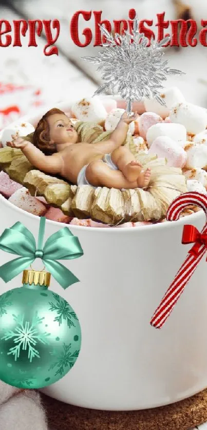 Christmas coffee mug with marshmallows and festive decorations.