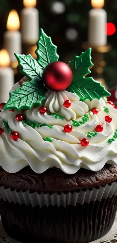 Chocolate cupcake with festive Christmas decorations and candles behind.