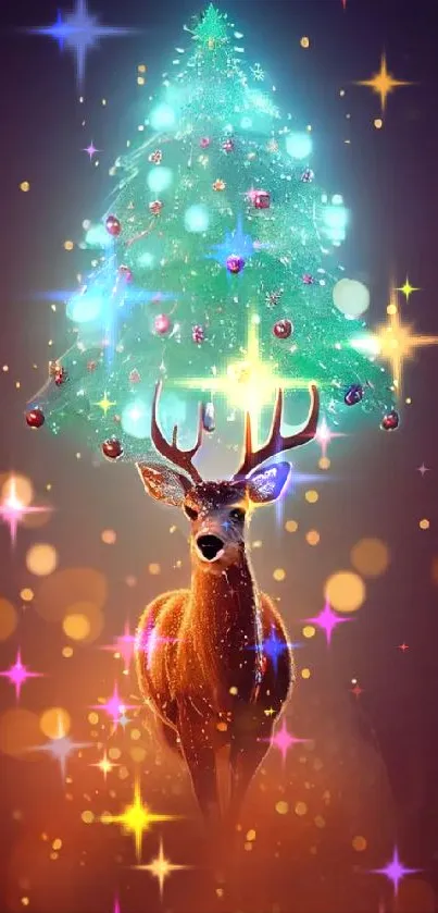 Glowing Christmas tree above a deer in a dark, magical setting.