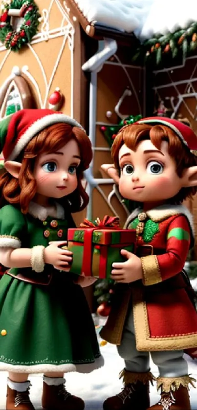 Charming cartoon elves exchanging Christmas gifts in a festive, snowy setting.