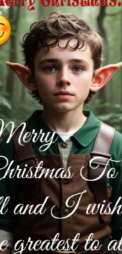 Christmas elf in a green forest with festive greetings.