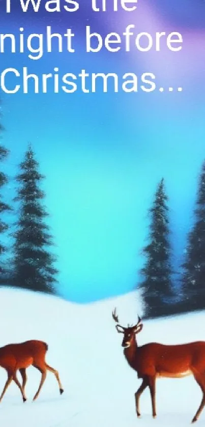 Christmas wallpaper with deer in a snowy forest under a twilight sky.