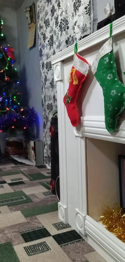 Cozy Christmas fireplace with stockings and decorated tree.