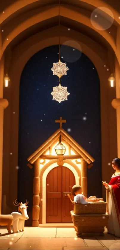 Christmas nativity scene with warm lights and starry night sky.