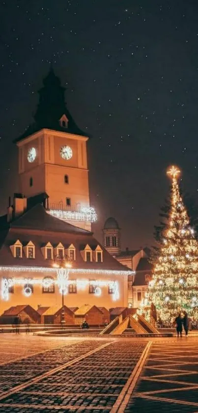 Enchanting Christmas scene with lit tree and tower.