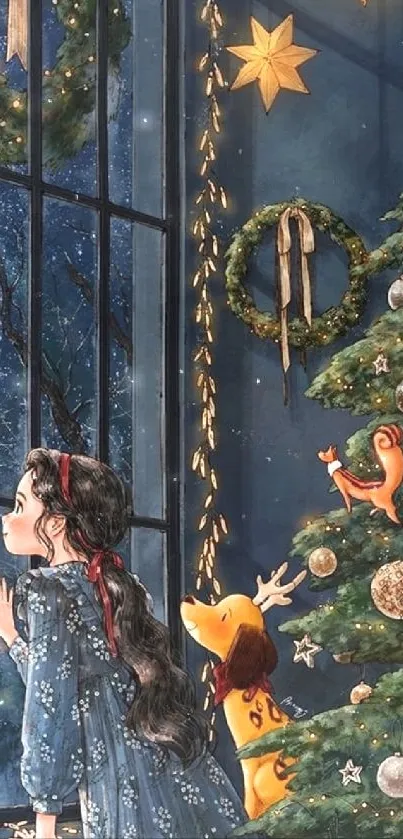 Girl and dog by a decorated window, with Christmas tree and stars.