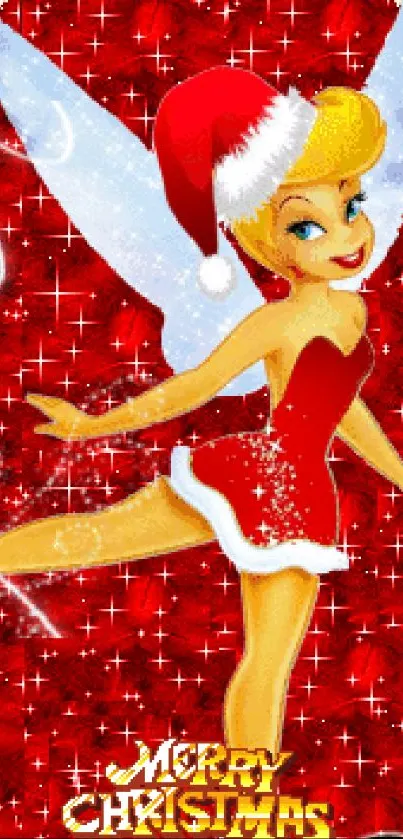 Festive Christmas fairy in red with Santa hat and sparkles.