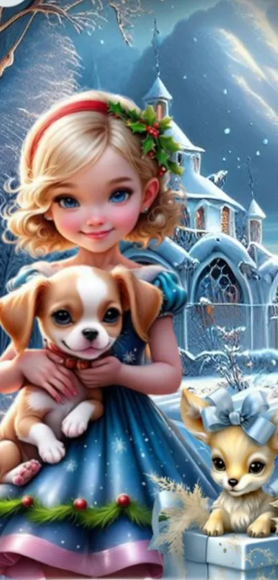 Christmas fantasy wallpaper with girl and puppy in snowy scene.