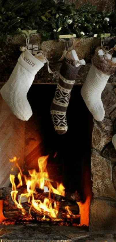 Cozy fireplace with Christmas stockings hanging, adding holiday warmth.