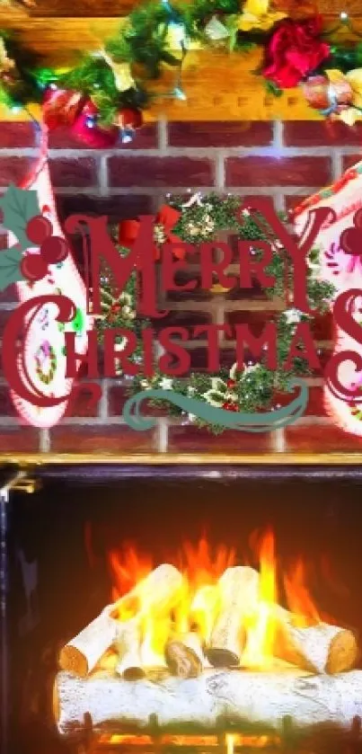 Festive Christmas fireplace with stockings and decorations.