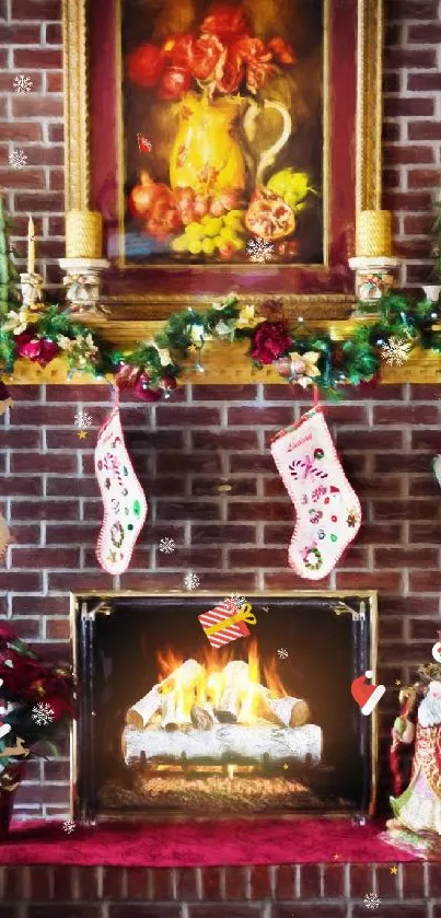 Cozy Christmas fireplace with stockings and festive holiday decorations.