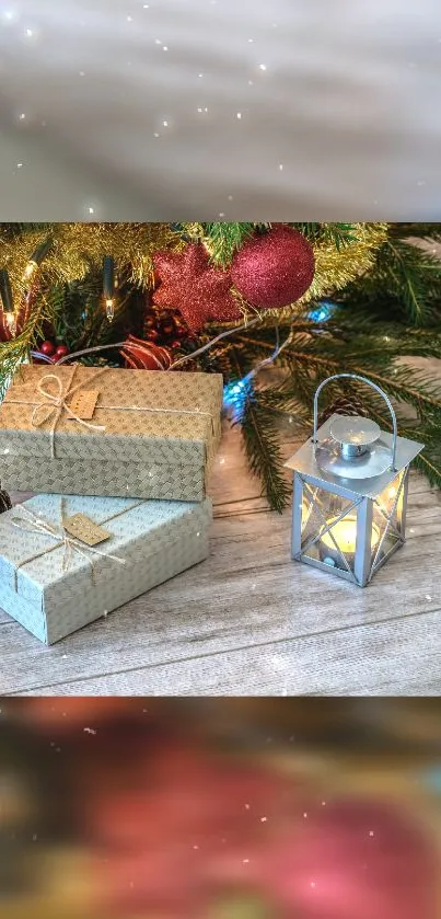 Christmas gifts and lit lantern under holiday tree.