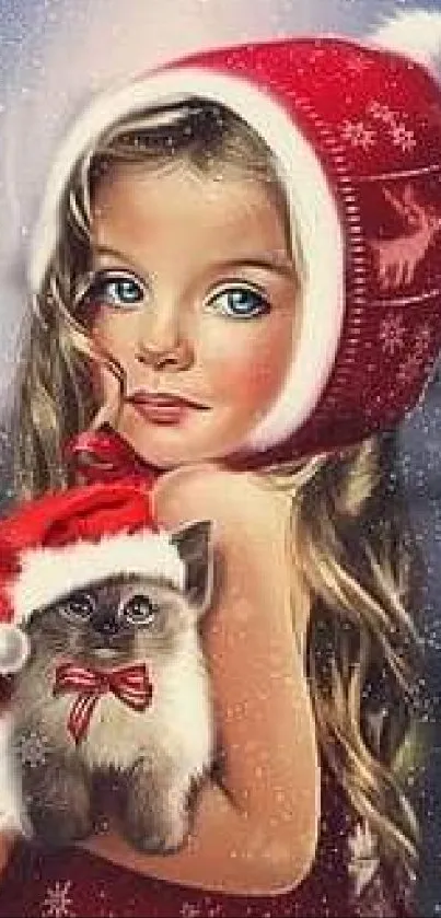 Christmas-themed wallpaper with a girl in a red hood holding a kitten.