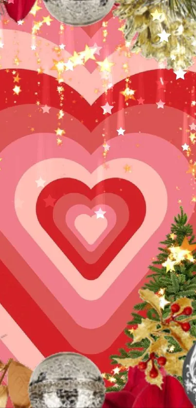 Festive wallpaper with hearts and Christmas decor.