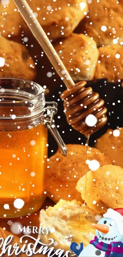 Christmas wallpaper with honey, biscuits, and snowman.