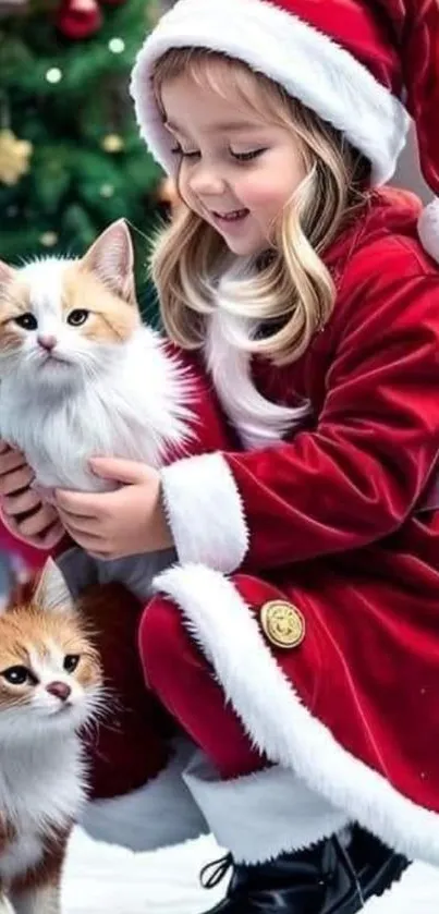Child in Santa suit with Christmas cats.