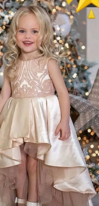 Joyful girl in festive dress with Christmas tree background.