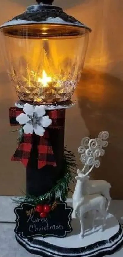 Festive lantern and deer decoration with Christmas theme lighting.