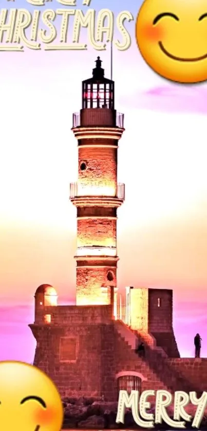 Lighthouse at sunset with Christmas greetings and emojis.