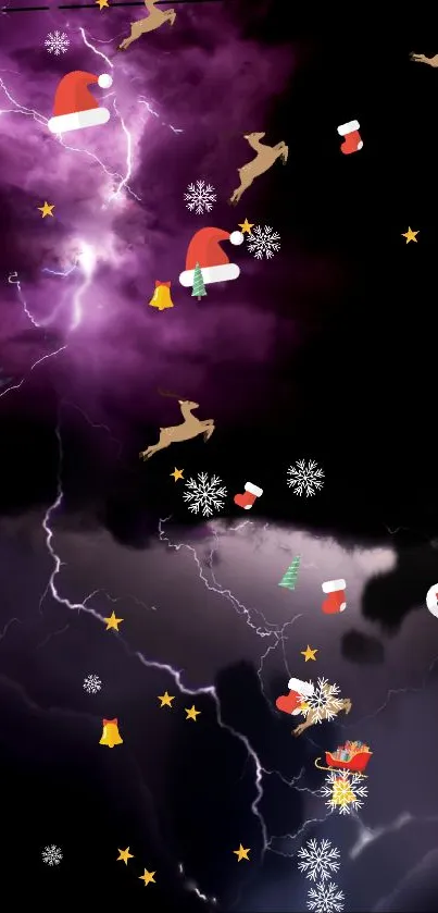Festive Christmas wallpaper with lightning, reindeer, and snowflakes.