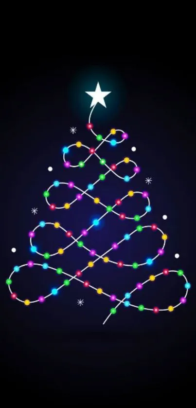 Colorful Christmas lights forming a tree shape on a dark background.