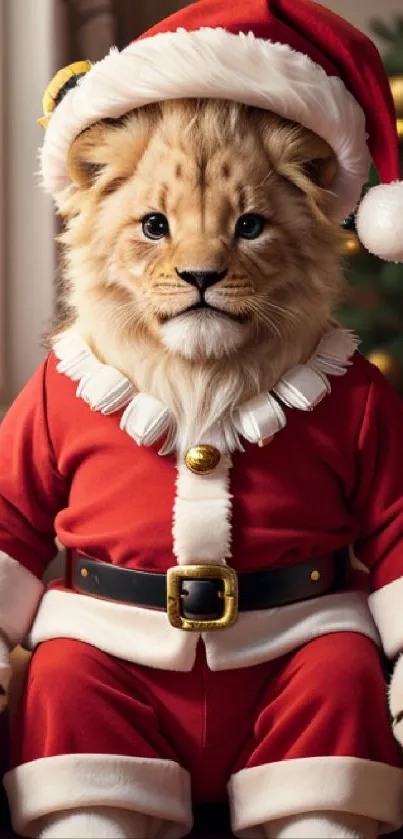 Lion cub dressed in Santa costume, sitting indoors with Christmas tree.