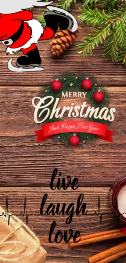 Christmas wallpaper with holiday decor and 'Live Laugh Love' message.