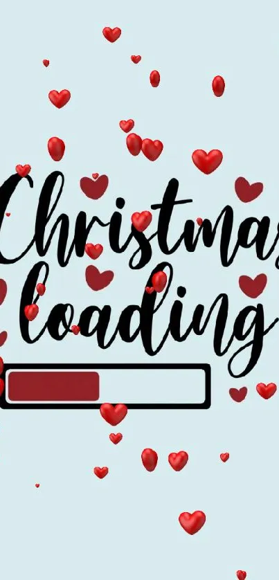 Christmas loading wallpaper with red hearts on light blue background.