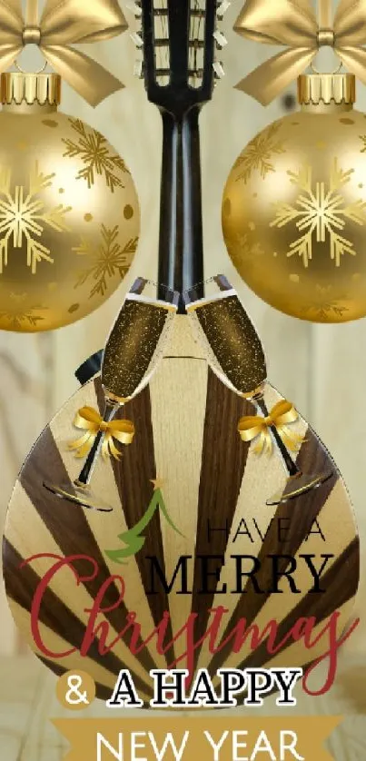 Mandolin with gold ornaments and Christmas wishes.