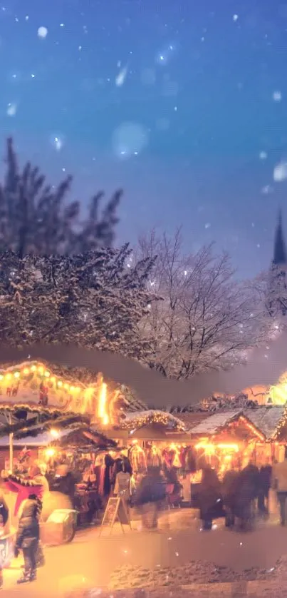 Snowy Christmas market with festive lights.